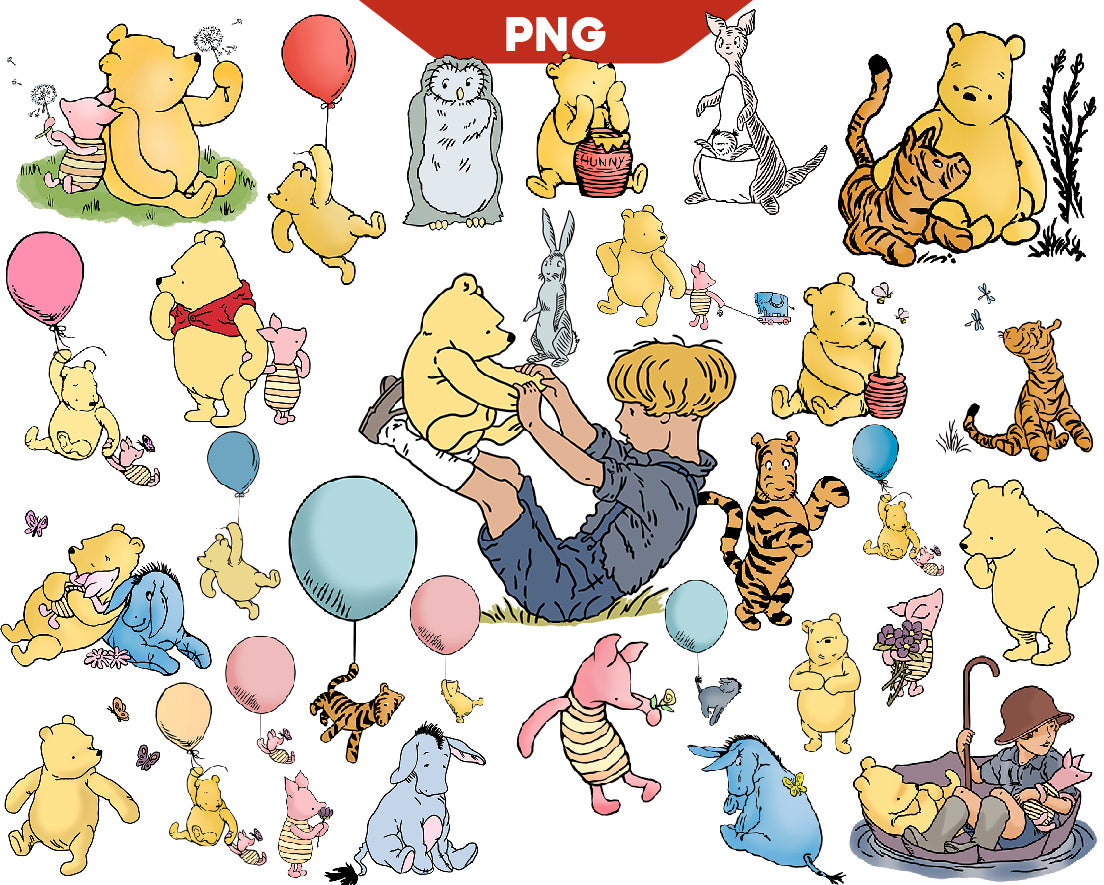 Bundle Retro Pooh Png, Classic Pooh Png, Winnie the Pooh Png