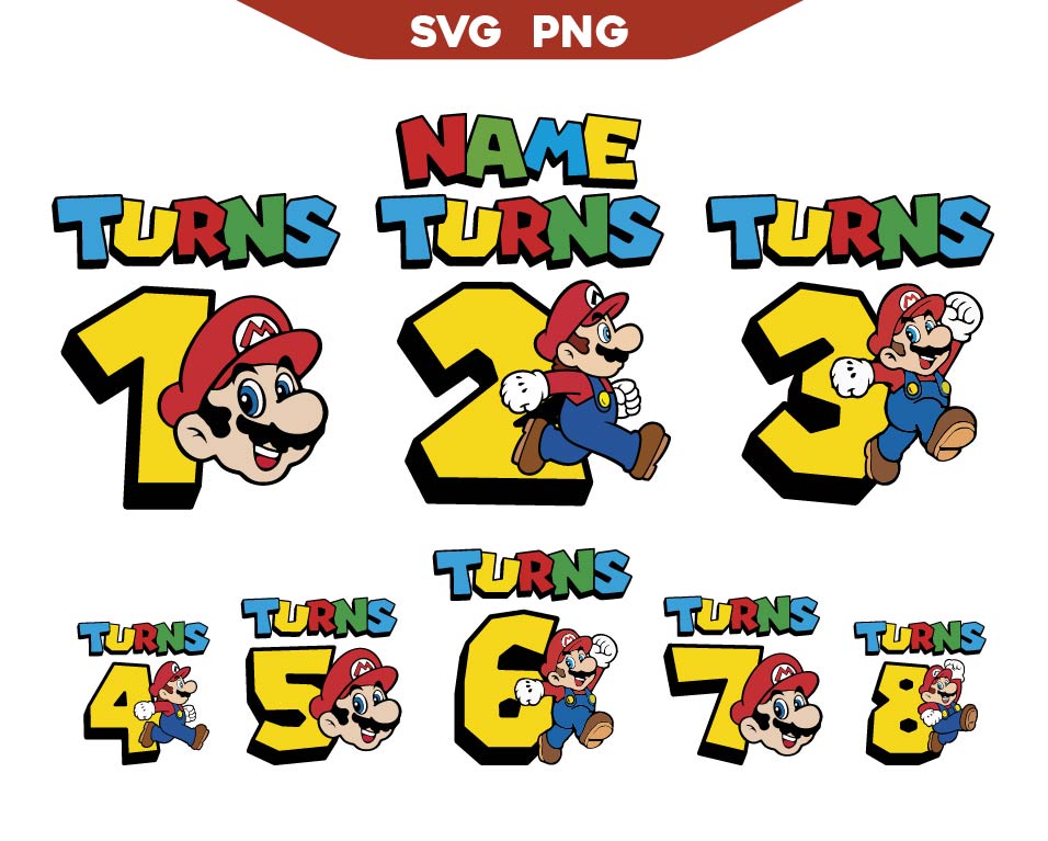 Custom Name Turns Mario Bros Birthday 1st to 8th Svg Png