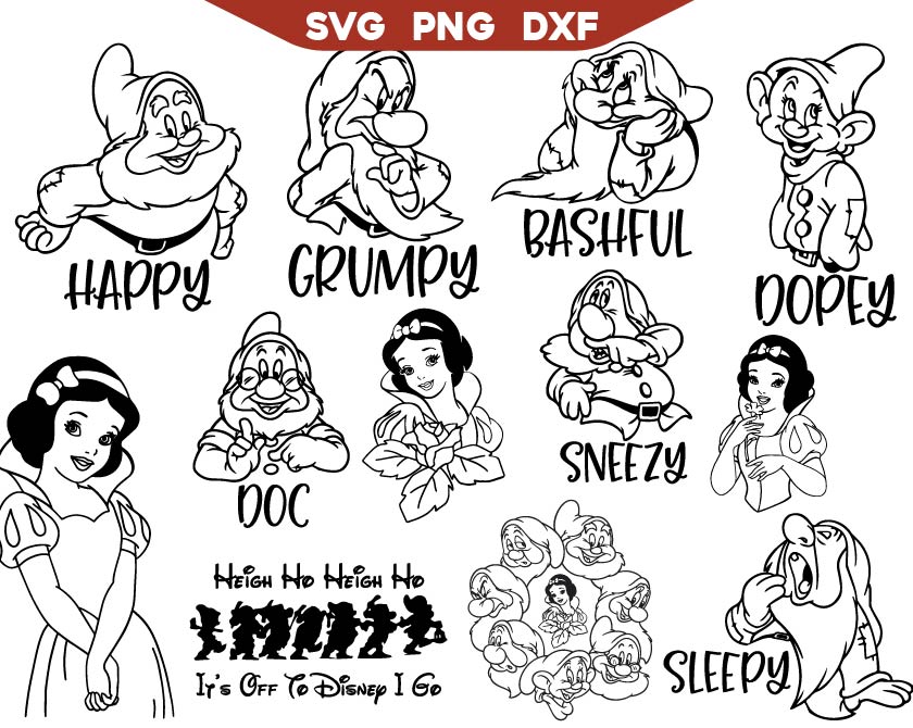 Dwarf Friends Outline Svg, Grumpy Svg, Sleepy Svg