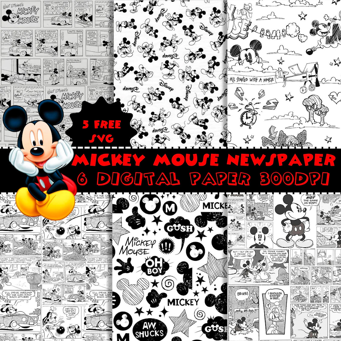 Bundle Mickey Newspaper Png, Disney Digital Papers Png texture