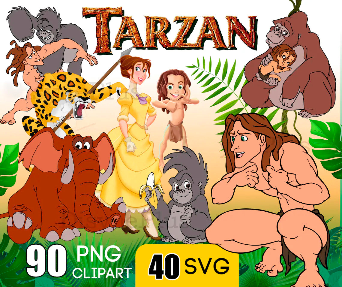 Bundle Tarzan Clip Arts Png, Tarzan and Jane Png, Tarzan Jungle Shirt, Tarzan Birthday Png