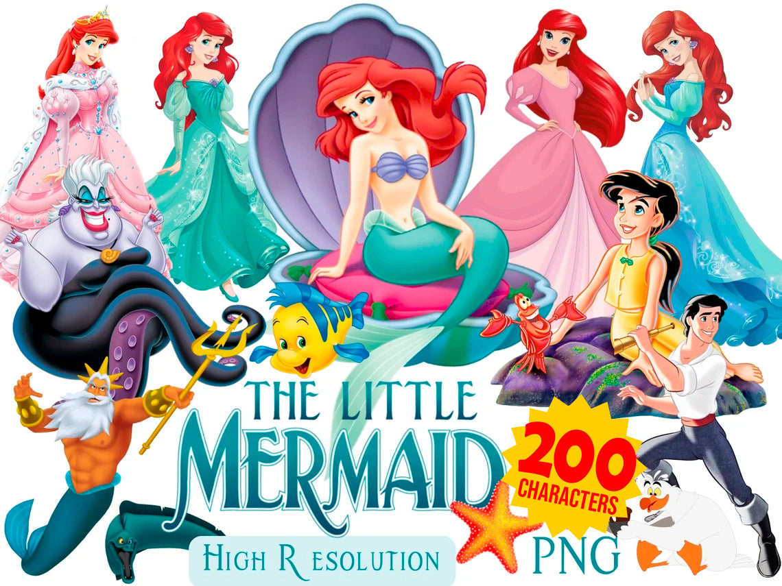Bundle The Little Mermaid PNG, Ariel Png Cartoon Sublimation, Ariel Movie Themed Cliparts