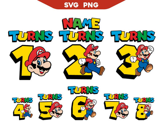 Custom Name Turns Mario Bros Birthday 1st to 8th Svg Png