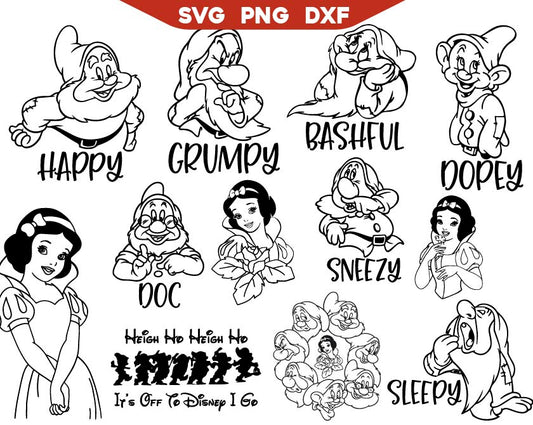 Dwarf Friends Outline Svg, Grumpy Svg, Sleepy Svg