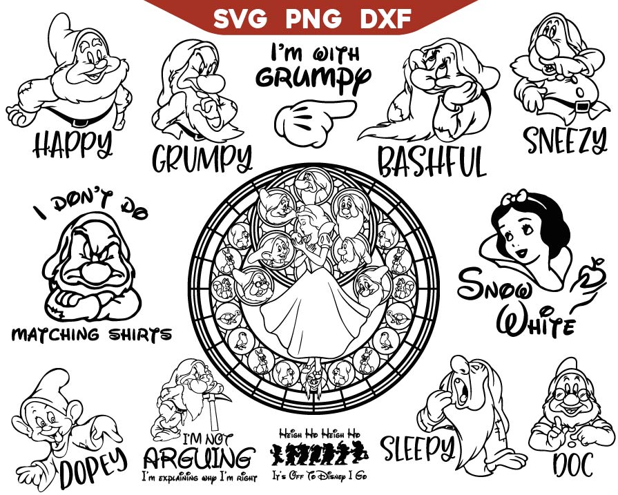 Mosaic Happy Snow White with 7 Dwarfs Svg
