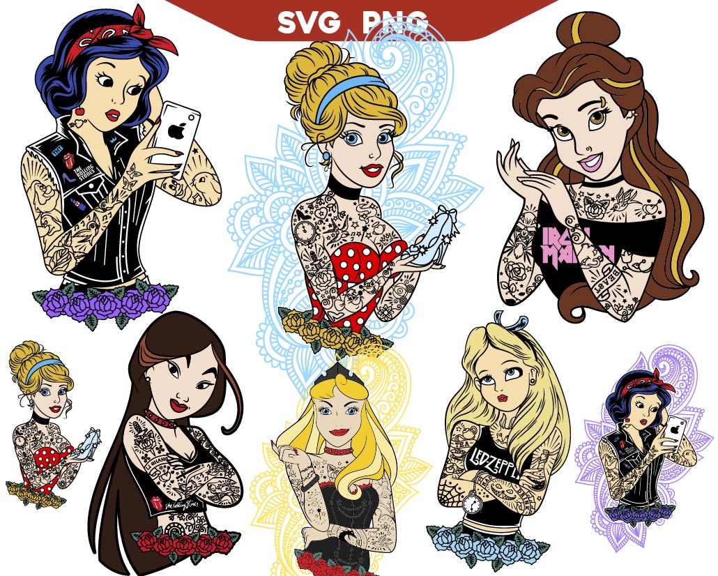 Tattooed Disney Princess Svg Bundle, Punk Princes Svg Png
